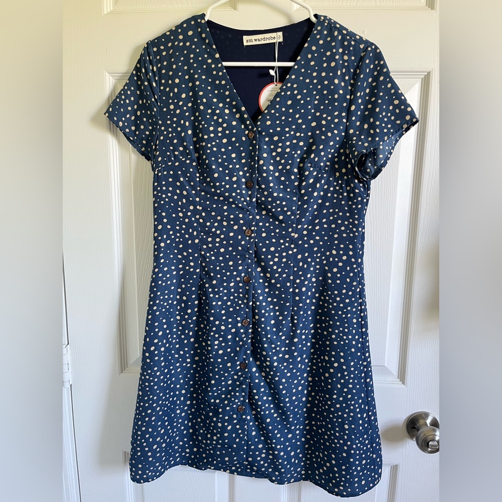 NWT Blue Polka Dot Button-Up Dress
